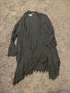 Olive Crochet-Trim Open Front Cardigan Sweater